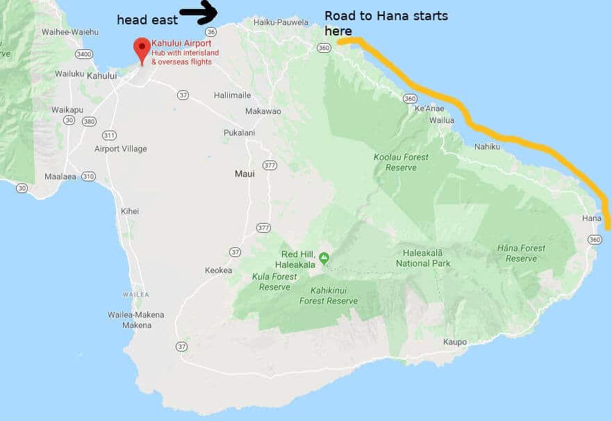 road to hana map with directions