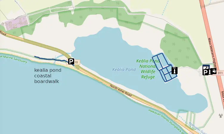 Kealia Pond coastal boardwalk on the left in blue, Kanuimanu Dike Trail on the right in blue grid
